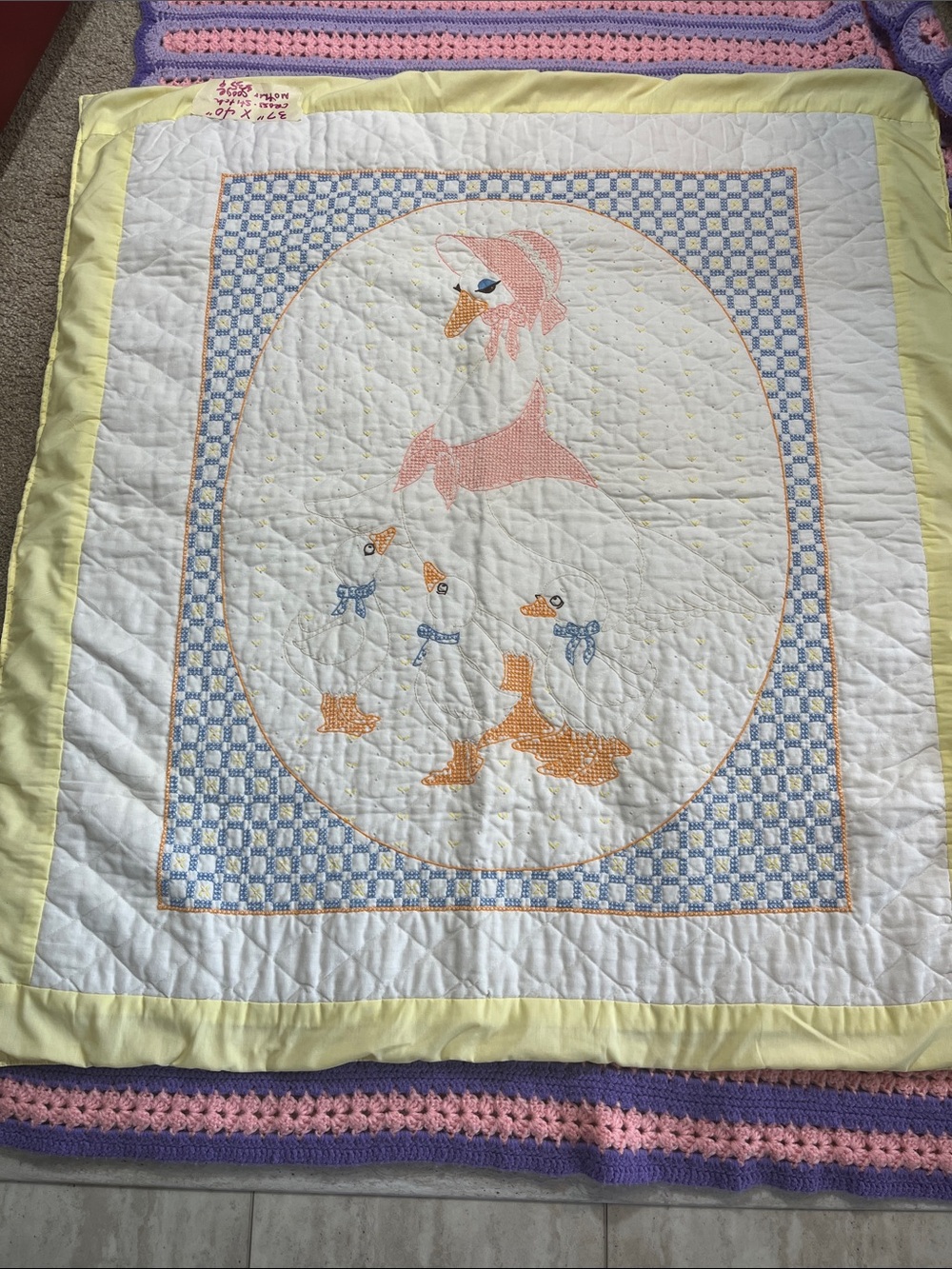 Vintage Yellow & Blue Duck Appliqué Baby Quilt - Unbranded
